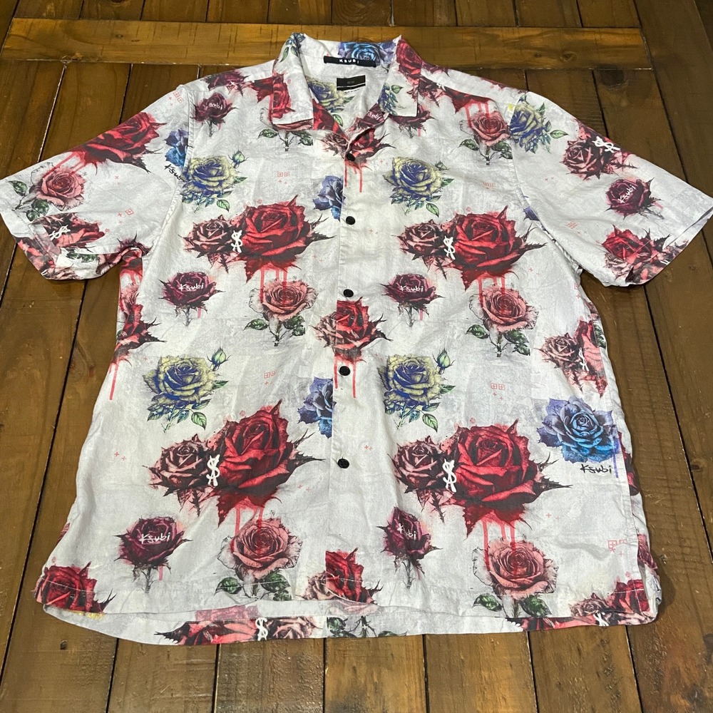 Ksubi Mens Rose Drip Print Short Sleeve Tencel Button Down Shirt Large White